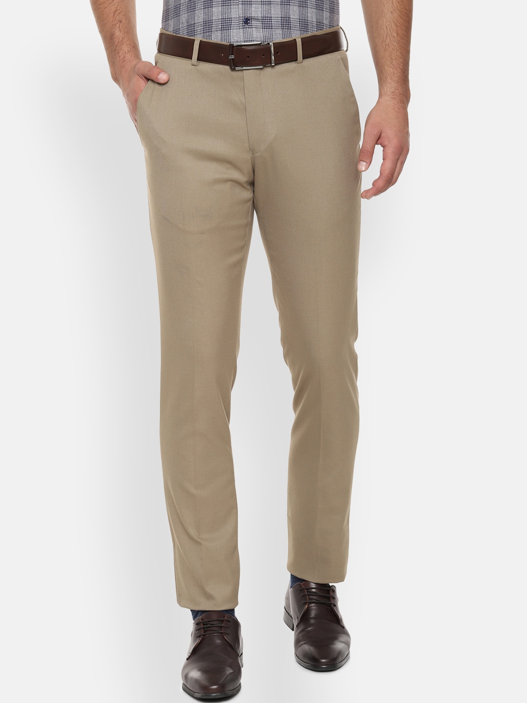 

Louis Philippe Men Beige Slim Fit Self Design Formal Trousers