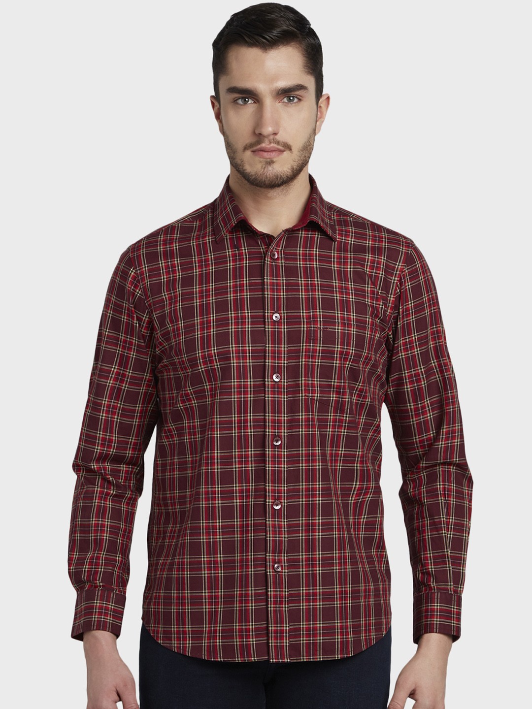 

ColorPlus Men Maroon & Beige Tailored Fit Checked Casual Shirt