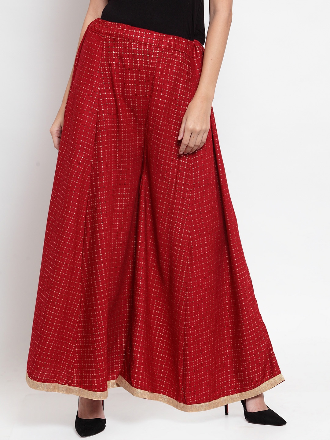 

Clora Creation Women Maroon & Golden Checked Flared Palazzos