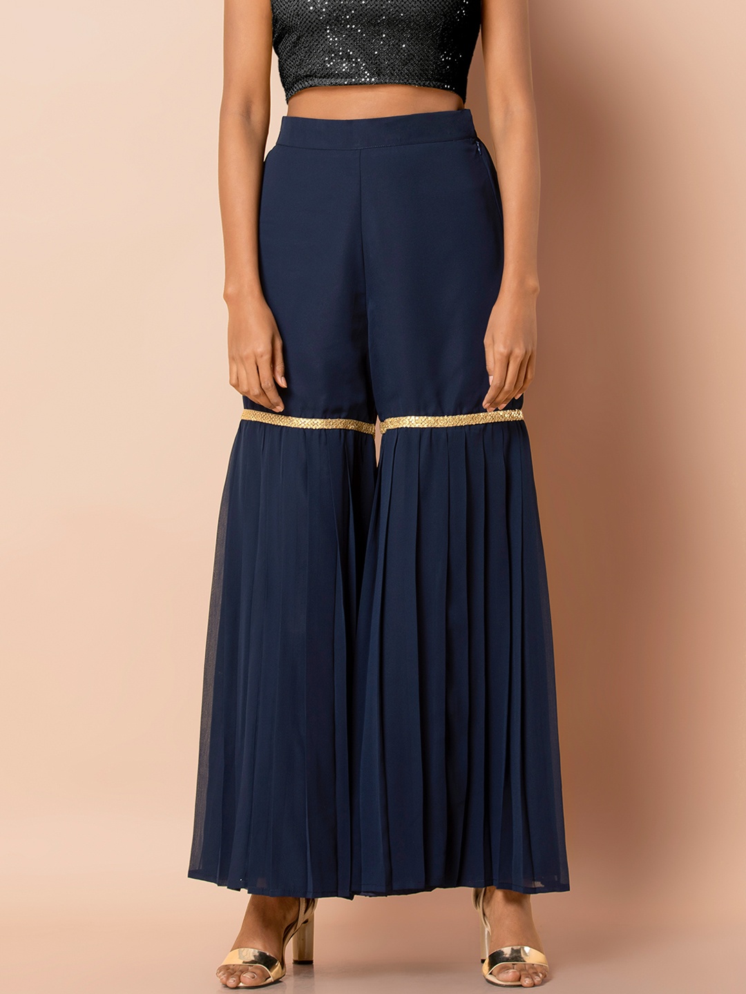 

INDYA Women Navy Blue Solid Pleated Sharara