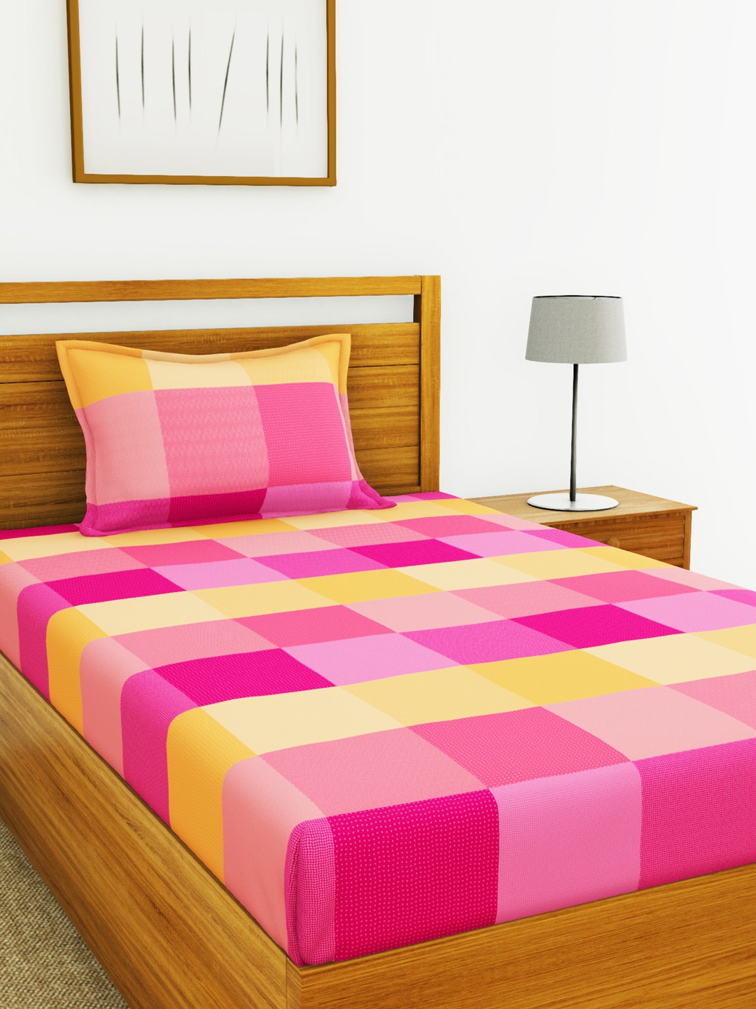

BIANCA Pink & Yellow Geometric 110 TC Cotton 1 Single Bedsheet with 1 Pillow Covers