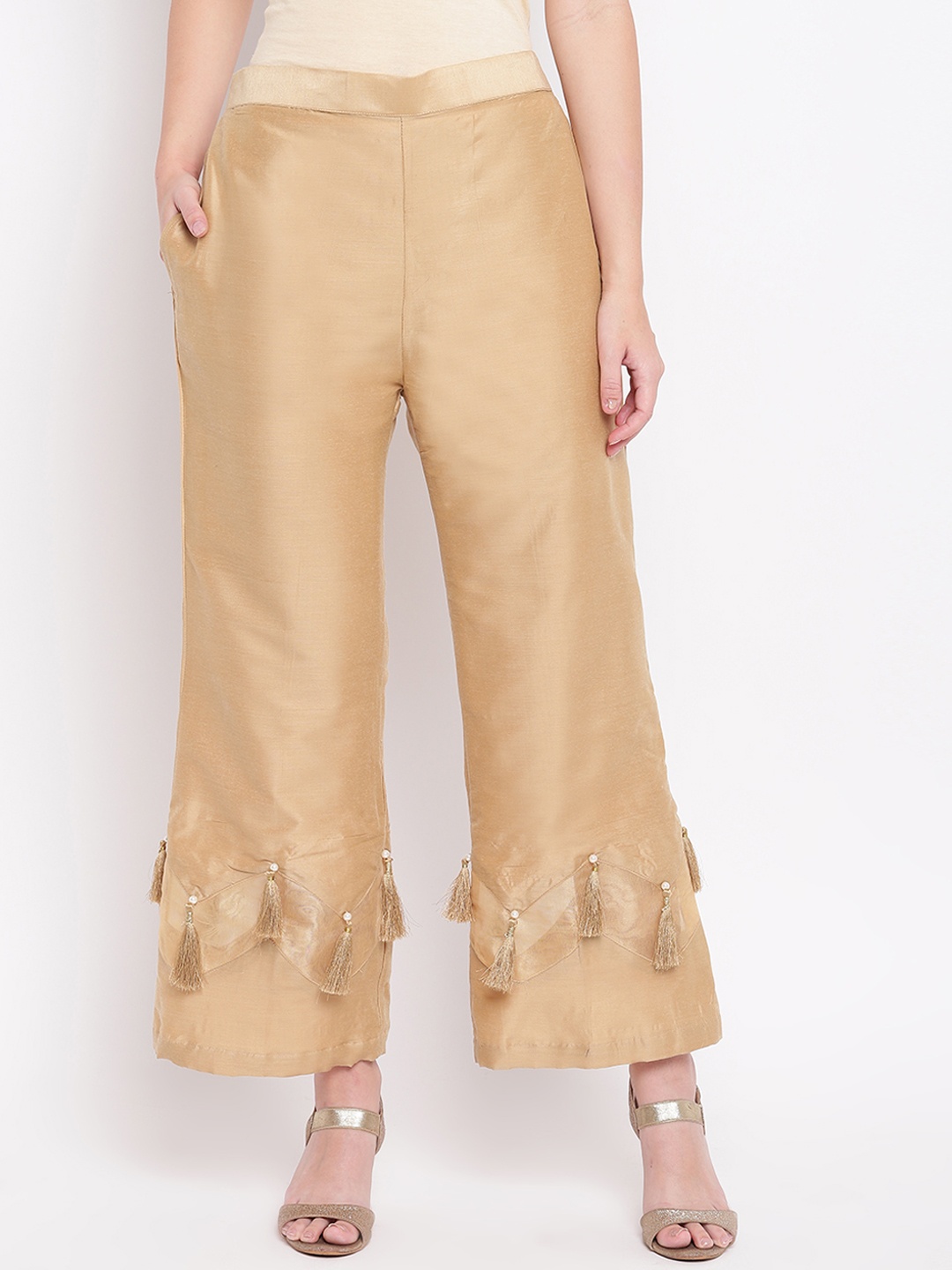 RIVI Women Beige Tasselled Hem Design Straight Palazzos