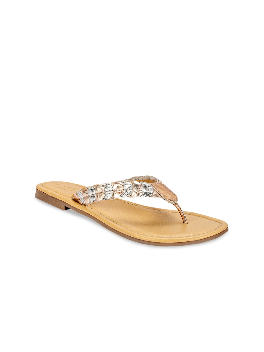 

Eske Women Rose Toned Woven Design Leather Open Toe Flats
