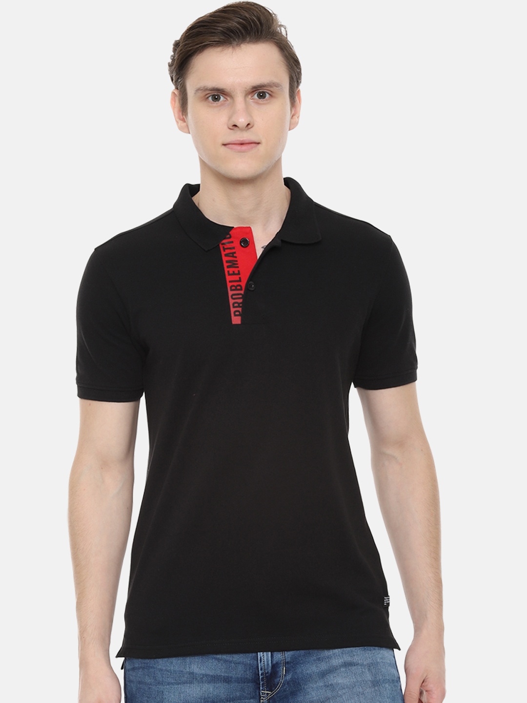 

People Men Black Solid Polo Collar T-shirt
