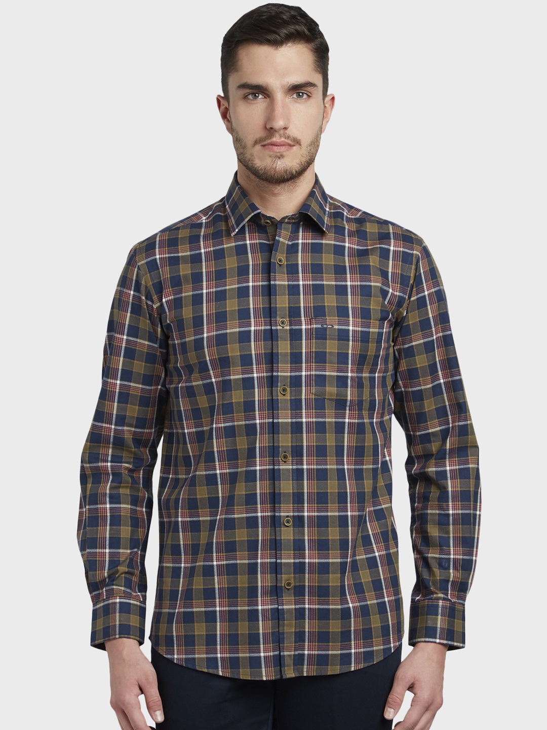 

ColorPlus Men Blue & Mustard Yellow Tailored Fit Checked Casual Shirt