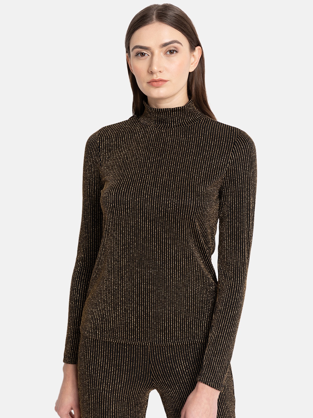 

Kazo Women Black & Gold-Coloured Striped High Neck T-shirt