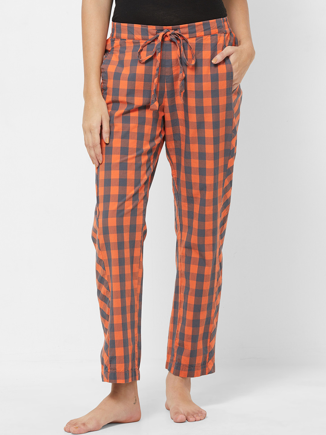 

Mystere Paris Women Orange & Grey Checked Lounge Pants G391D