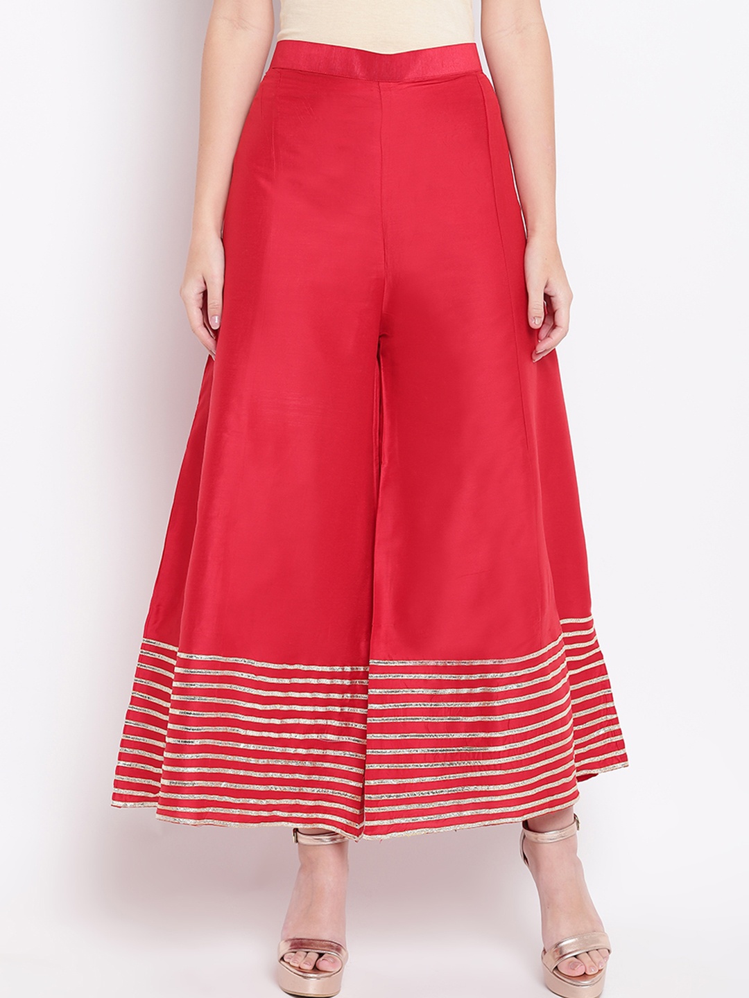 

RIVI Women Red & Golden Hem Design Kalidar Flared Palazzos