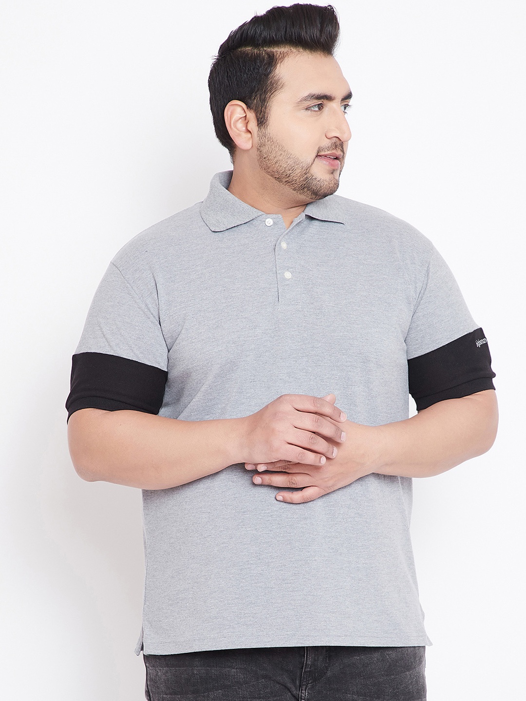 

bigbanana Plus Size Men Grey Solid Bio Finish Polo Collar Pure Cotton T-shirt