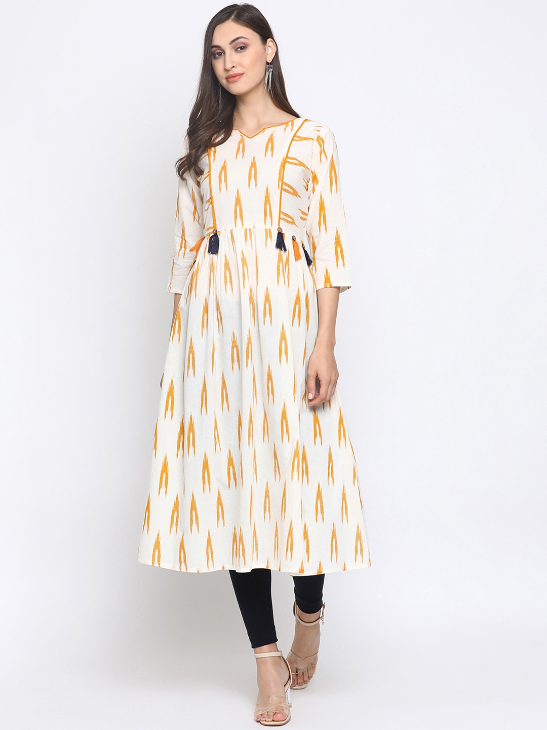 

Azira Women White & Yellow Woven Design A-Line Kurta
