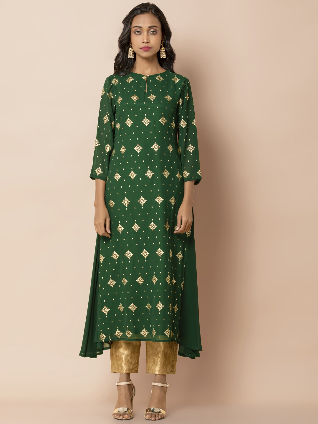 

INDYA Women Green & Golden Printed A-Line Asymmetric Kurta