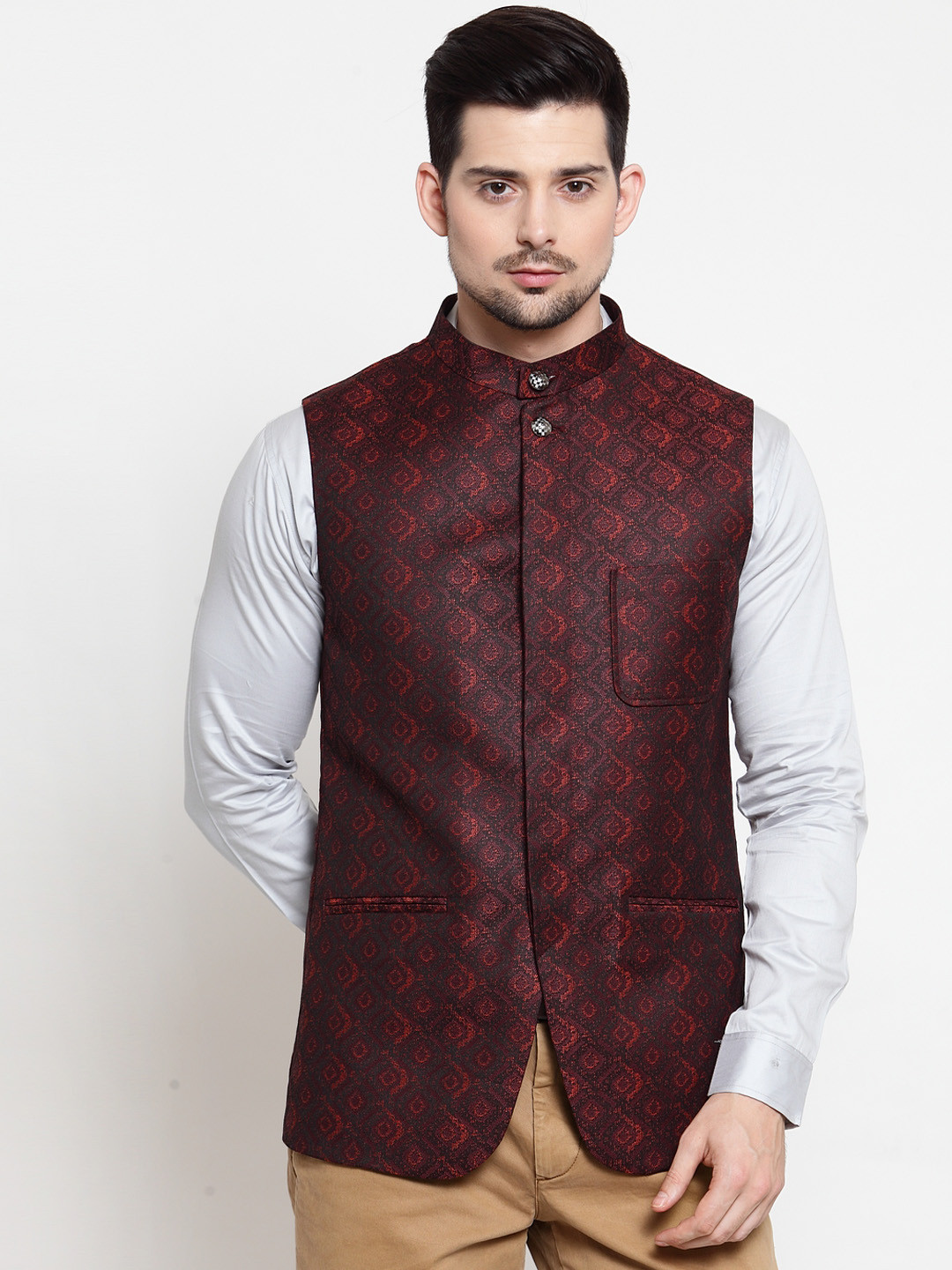 

LUXURAZI Men Maroon Printed Woven Nehru Jacket