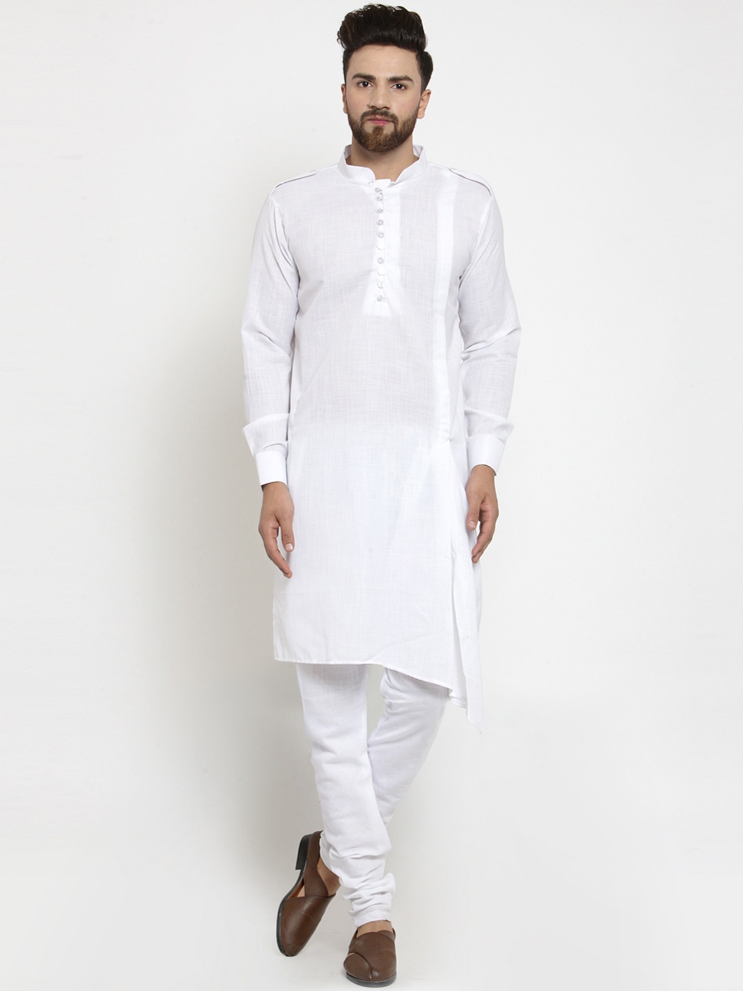 

TREEMODA Men White Linen Solid Kurta with Churidar