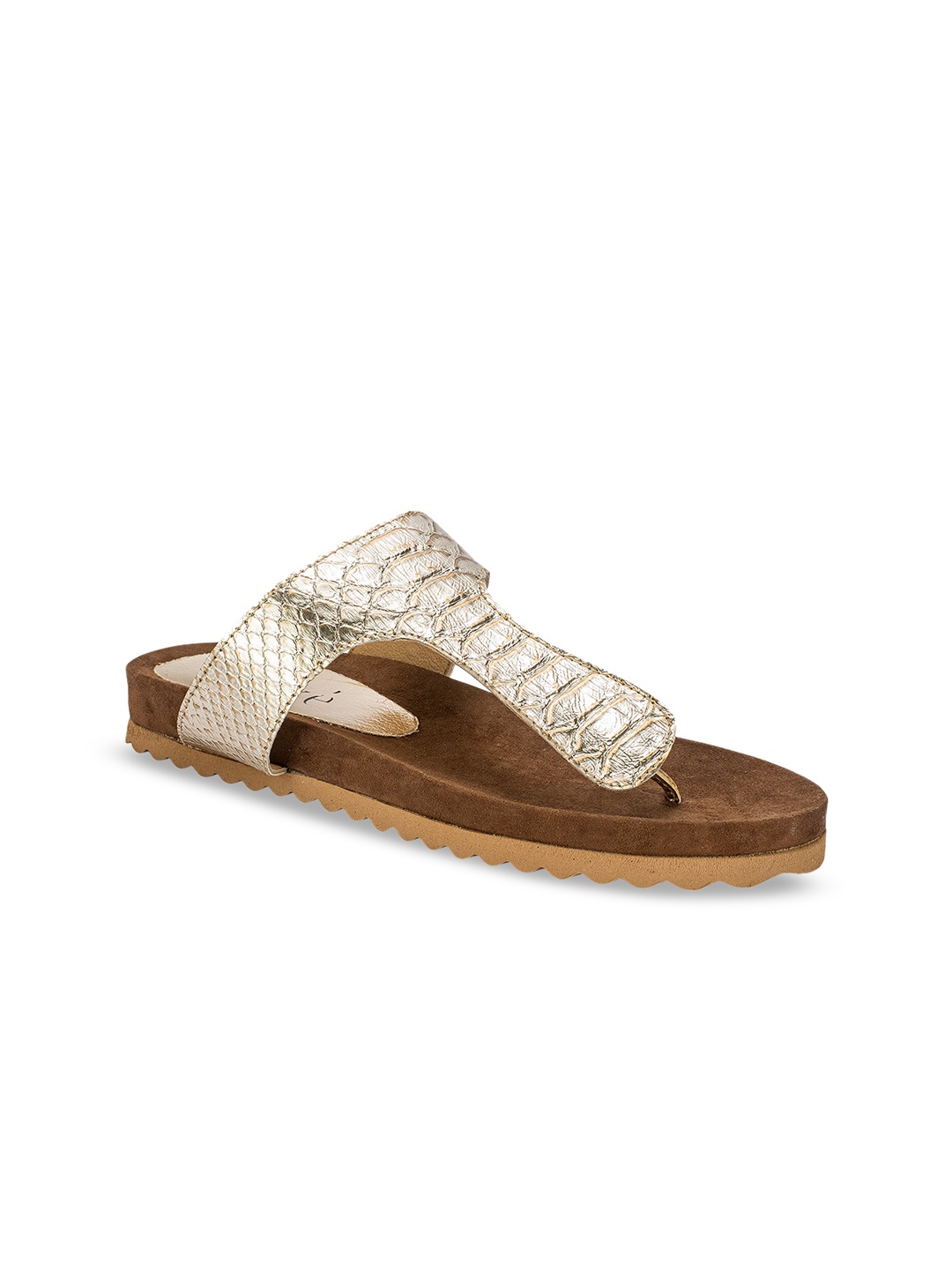 

Eske Women Muted Gold-Toned Textured Leather T-Strap Flats