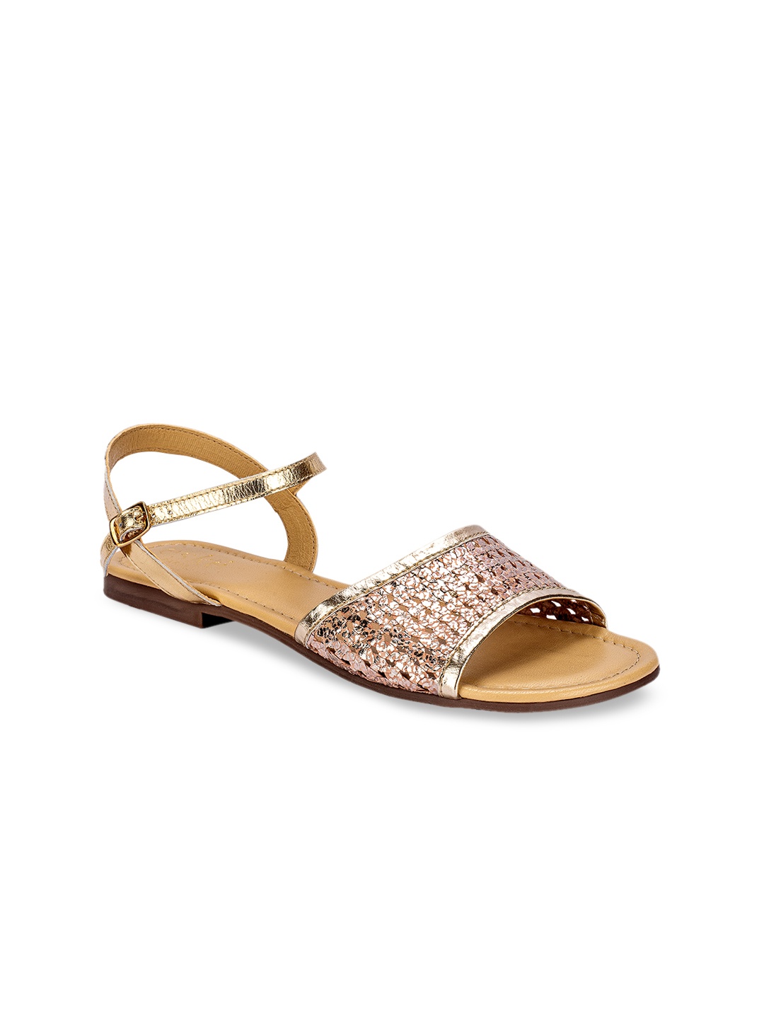 

Eske Women Rose Toned Woven Design Leather Open Toe Flats