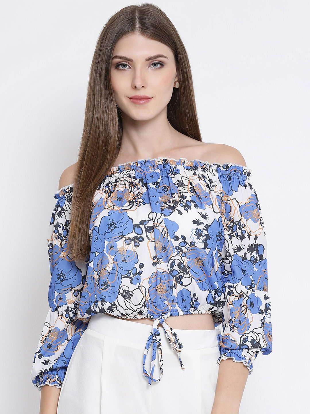 

Oxolloxo Women Blue & White Floral Printed Bardot Top