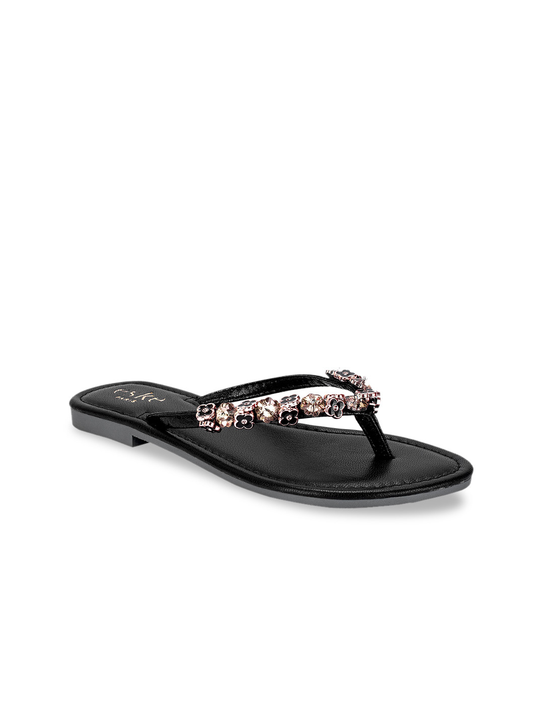 

Eske Women Black Embellished Leather Open Toe Flats