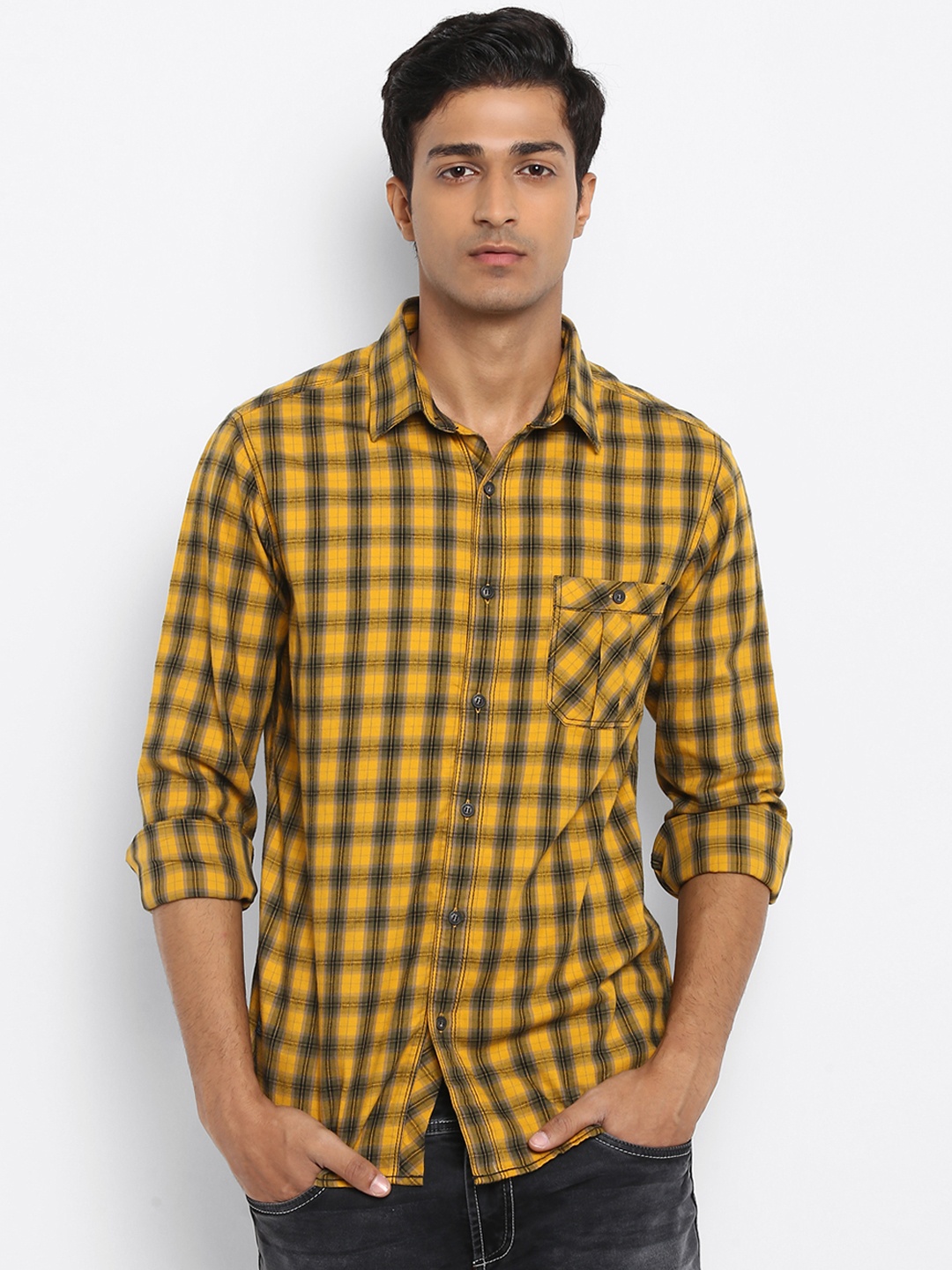 

Mufti Men Mustard Yellow & Black Slim Fit Checked Casual Shirt