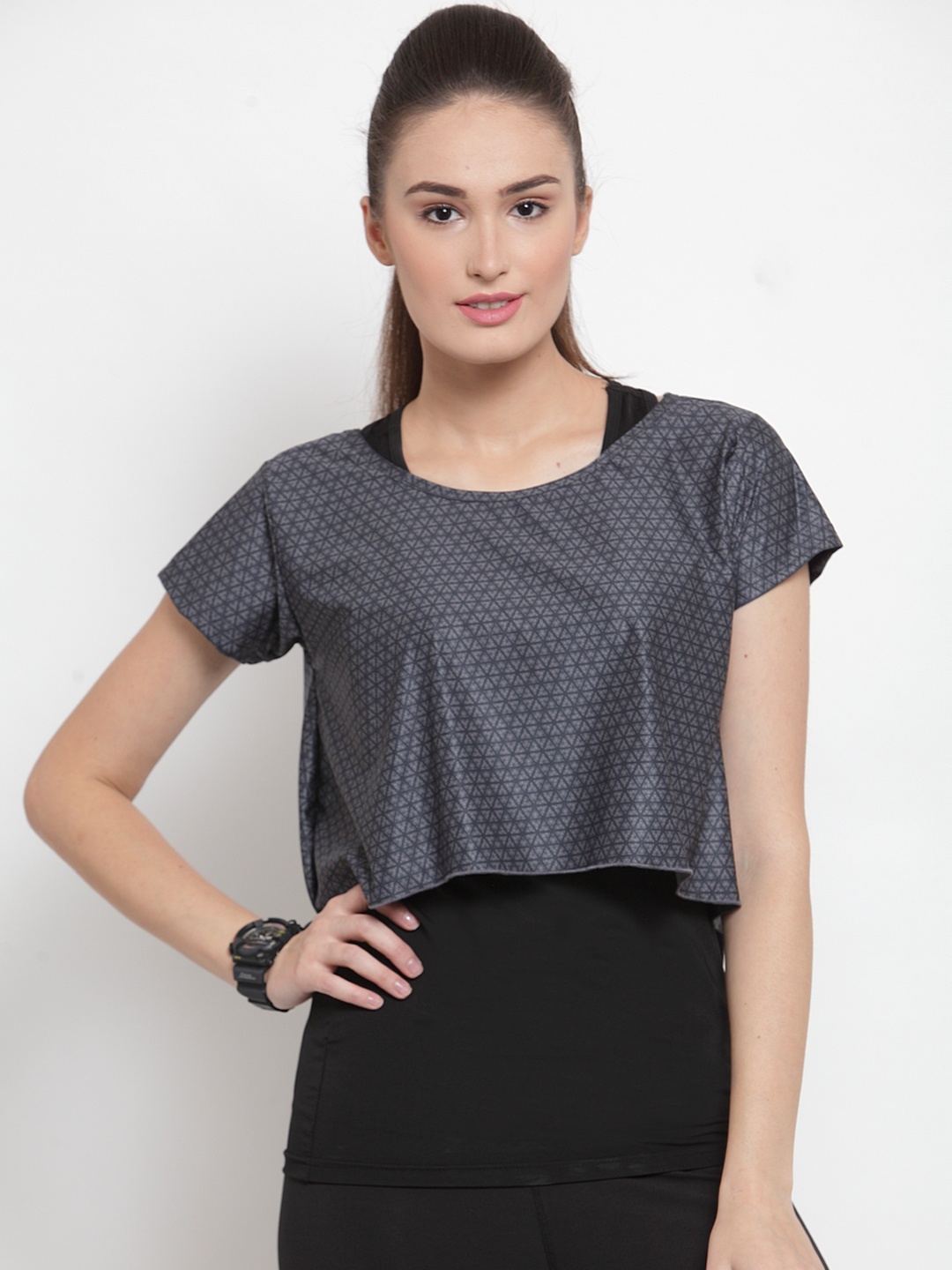 

Boston Club Women Black and Grey Printed Round Neck T-shirt and Top