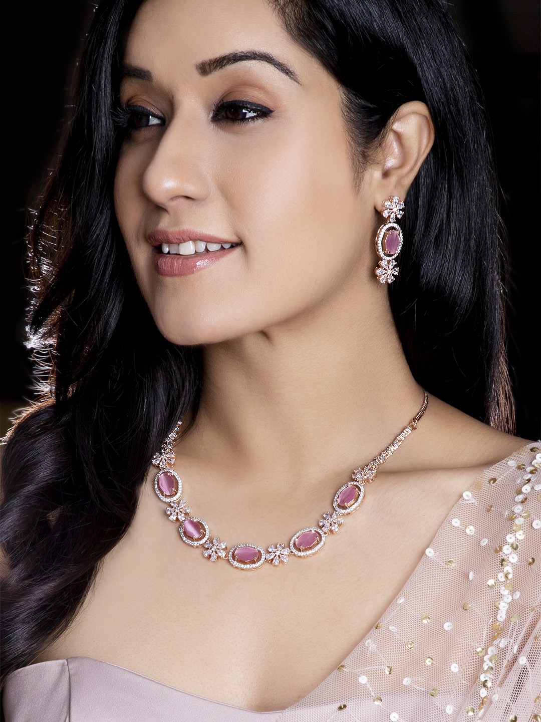 

Rubans Rose Gold-Toned & Pink Cubic Zirconia Studded Jewellery Set