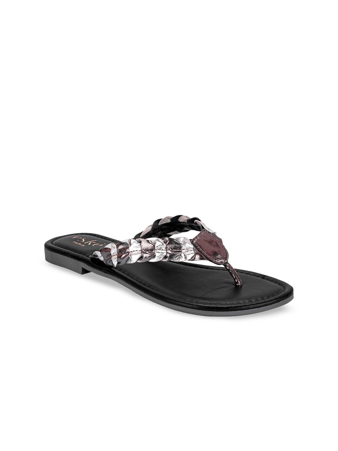 

Eske Women Silver-Toned & Black Embellished Leather Open Toe Flats