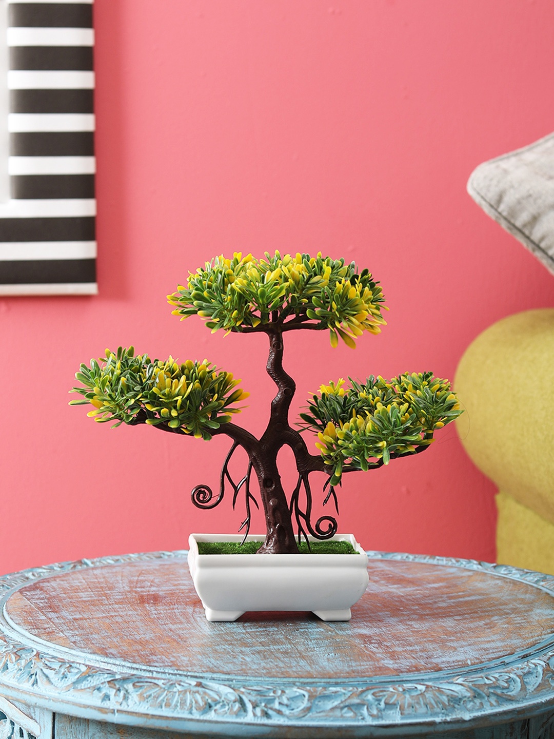 

FOLIYAJ Green & Yellow Artificial 3-Headed Bonsai Tree With Pot
