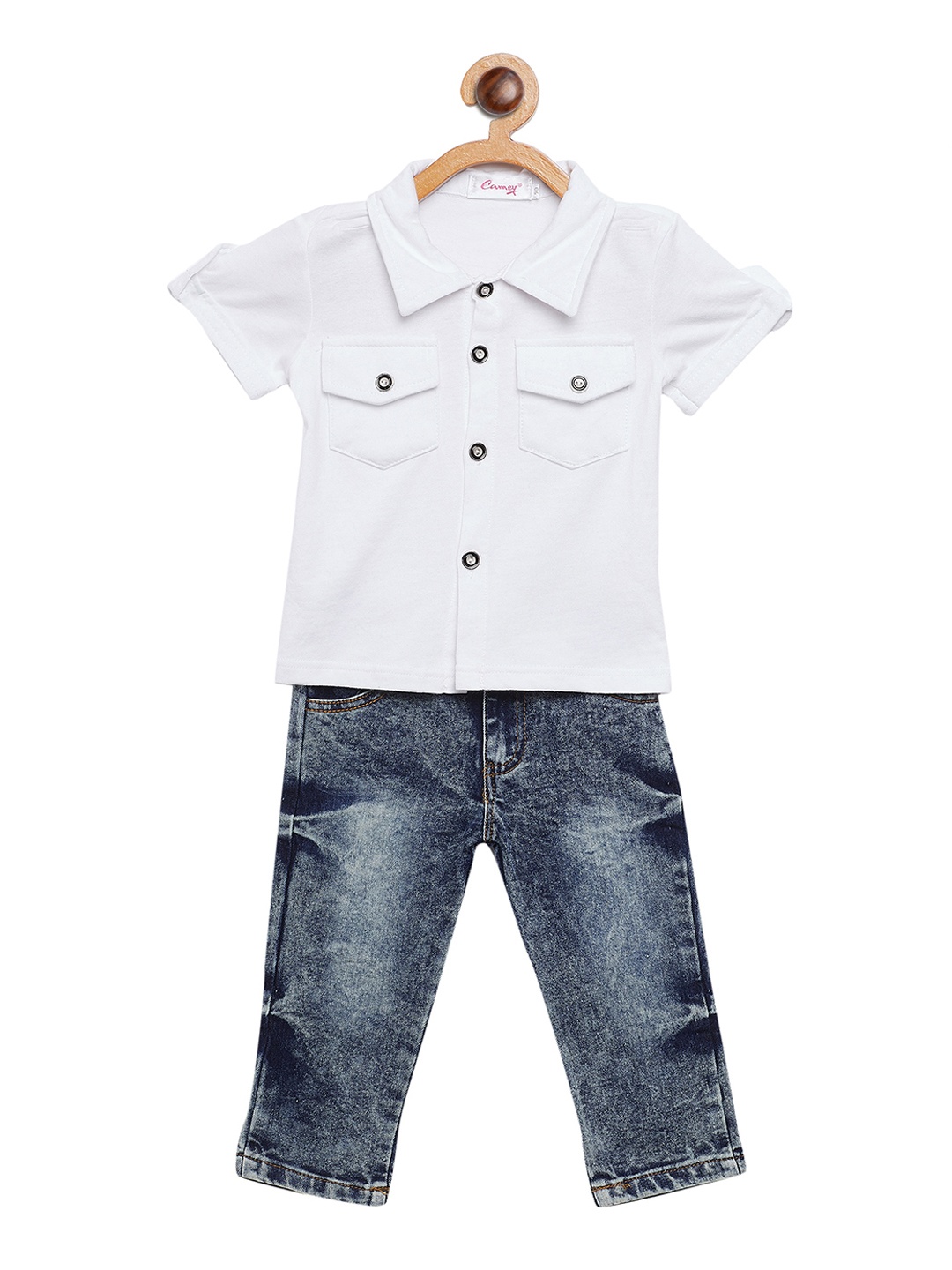 

Camey Girls White & Blue Solid Shirt with Trousers