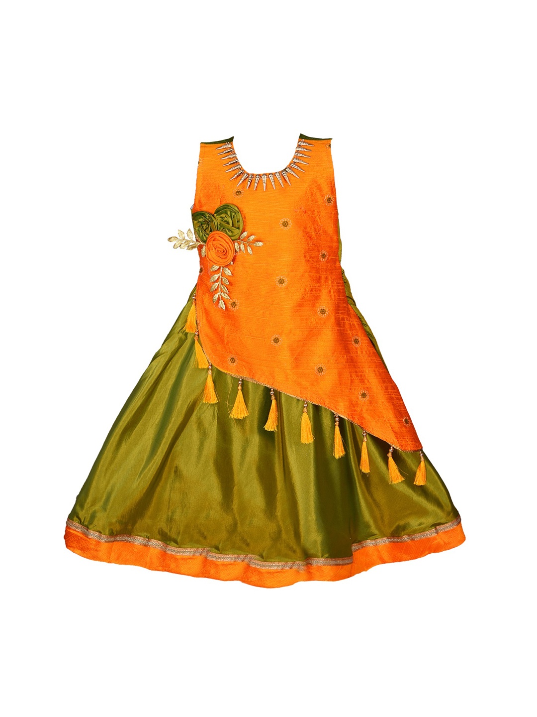 

Wish Karo Girls Orange & Olive Green Colourblocked Maxi Dress