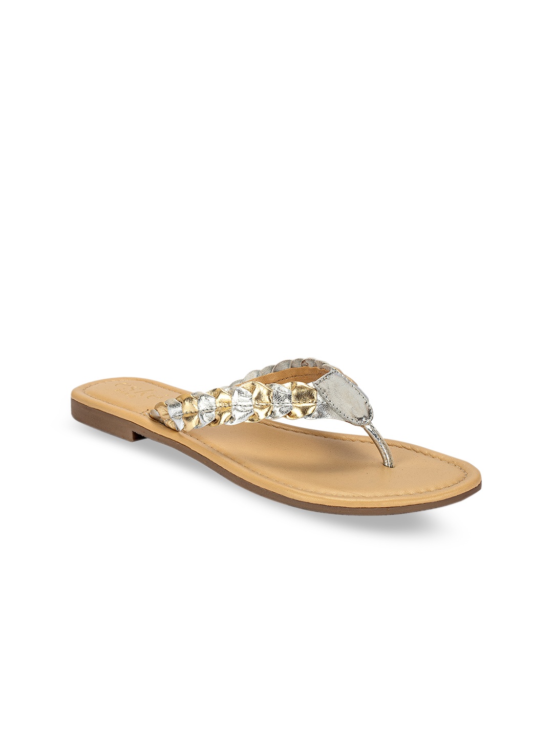 

Eske Women Silver-Toned Woven Design Leather Open Toe Flats
