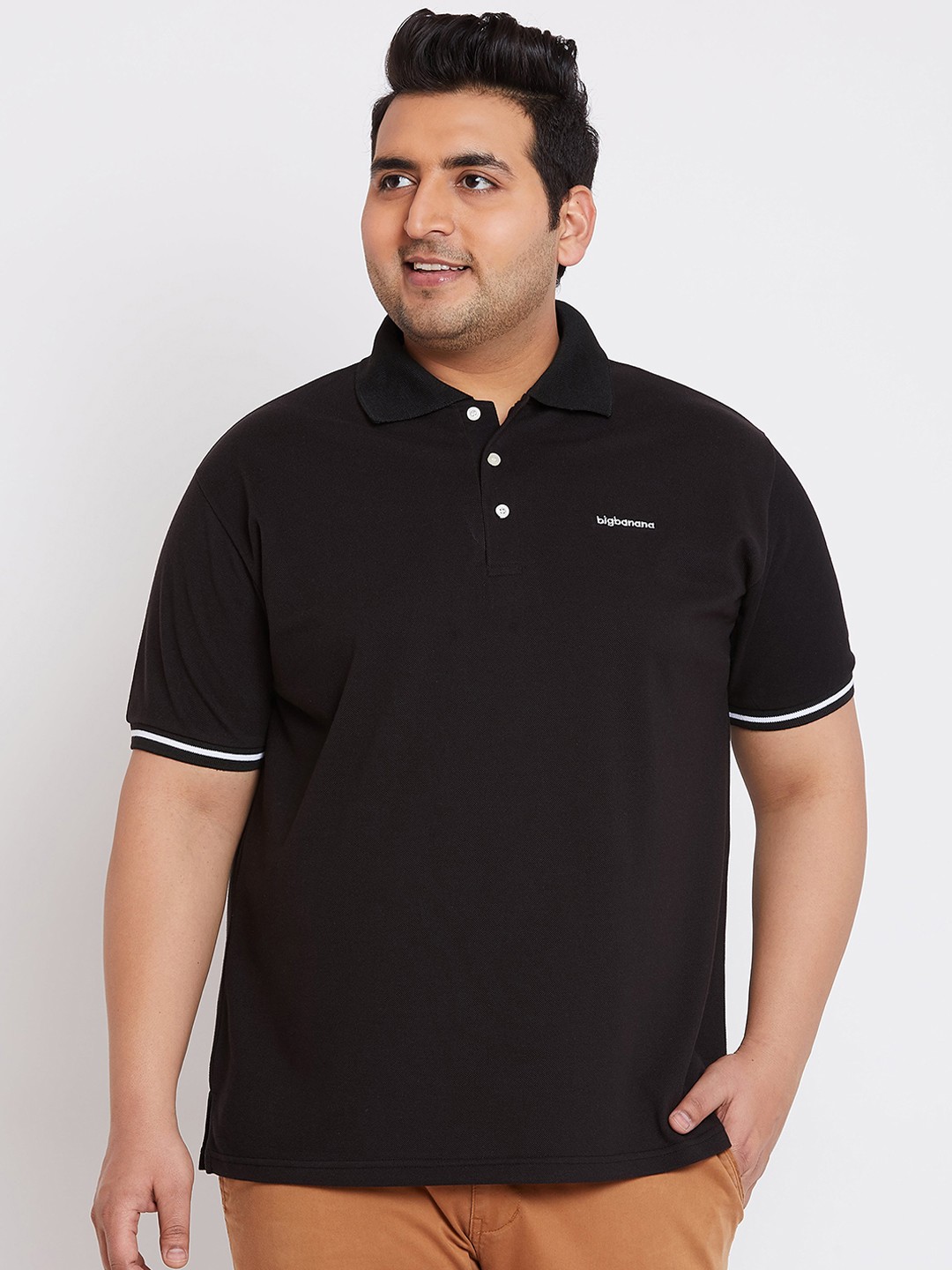 

bigbanana Plus Size Men Black Solid Bio Finish Polo Collar Pure Cotton T-shirt