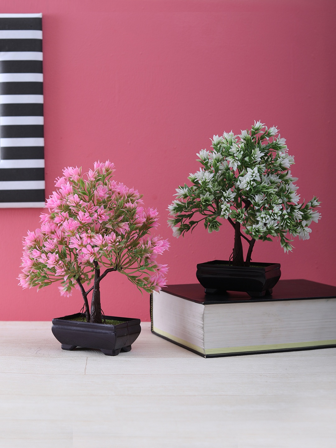 

FOLIYAJ Set of 2 Multicoloured Artifical 2-Trunk Bonsai Tree With Pot, Multi