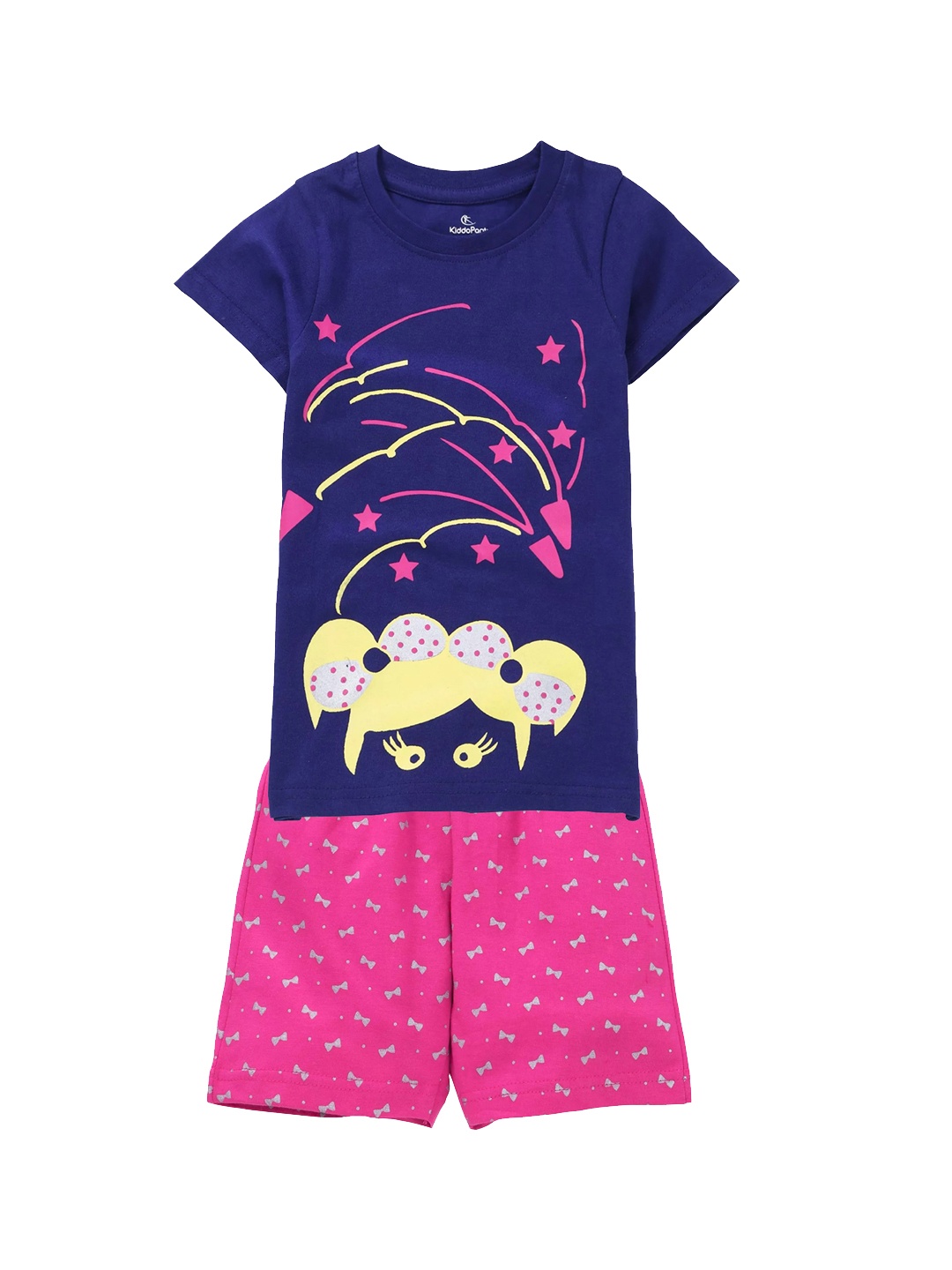 

KiddoPanti Girls Navy Blue & Pink Printed T-shirt with Shorts