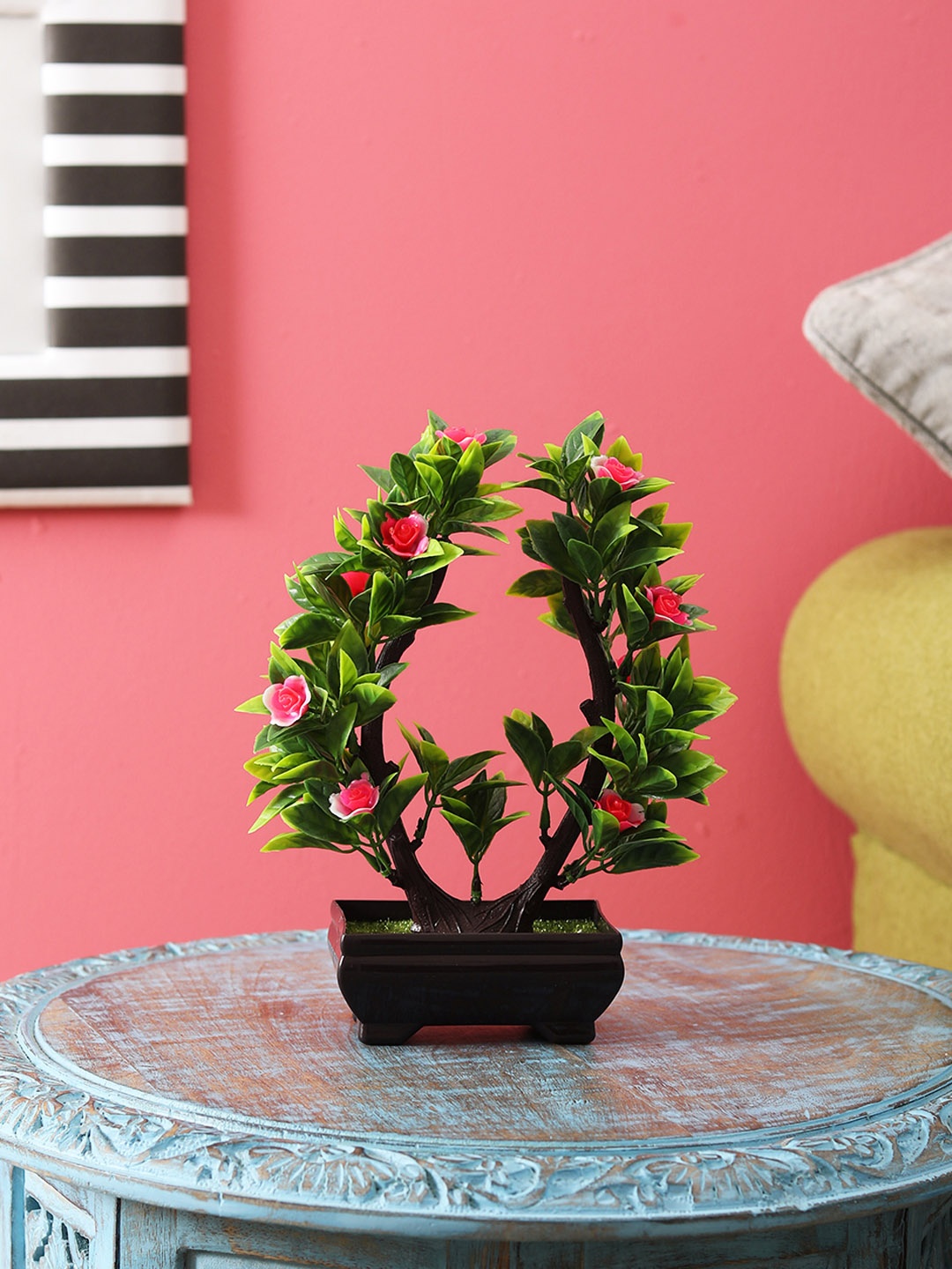 

FOLIYAJ Green & Pink Artificial U-Shaped Bonsai Tree With Pot