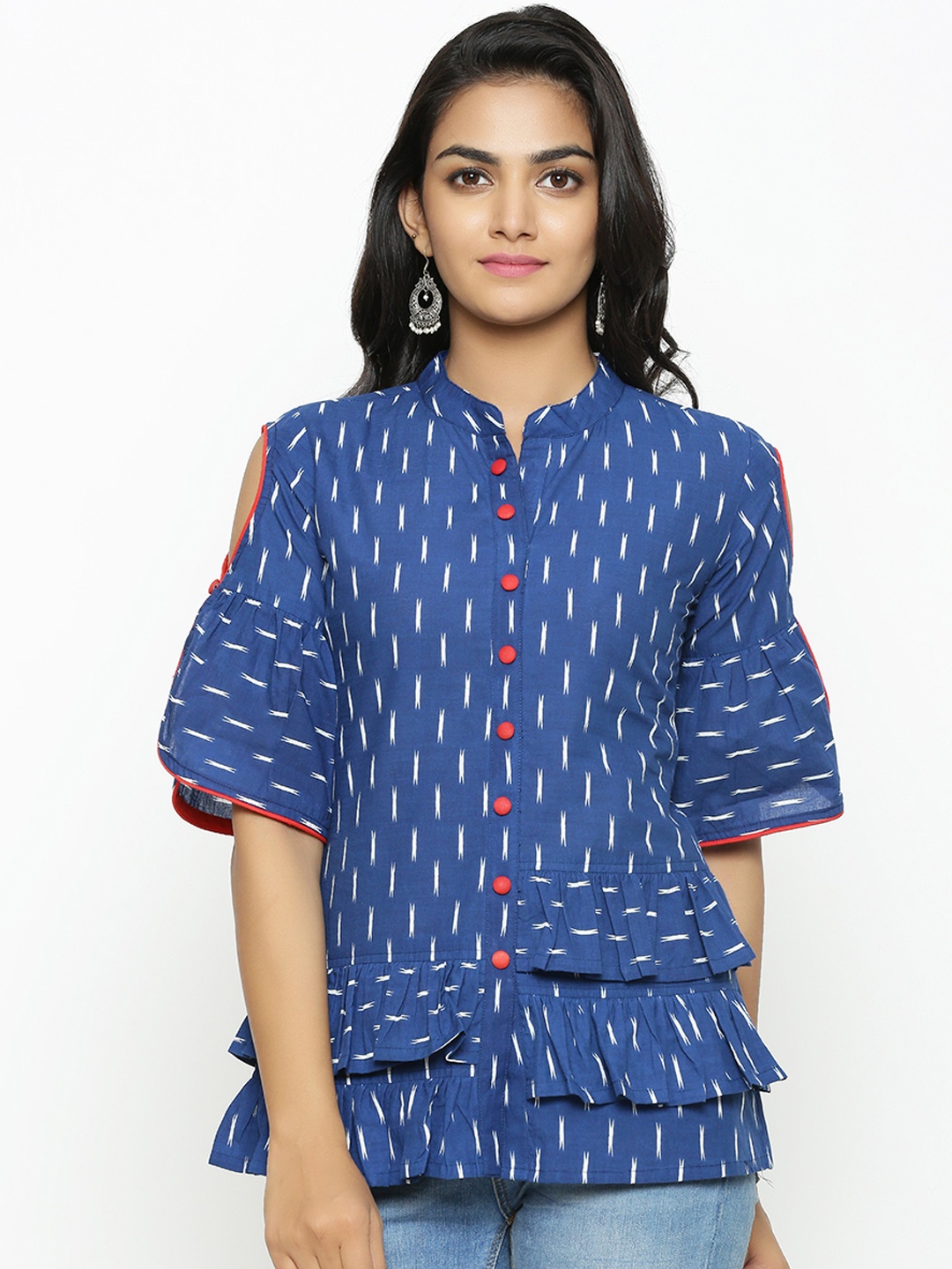 

YASH GALLERY Women Blue Printed Tiered Top