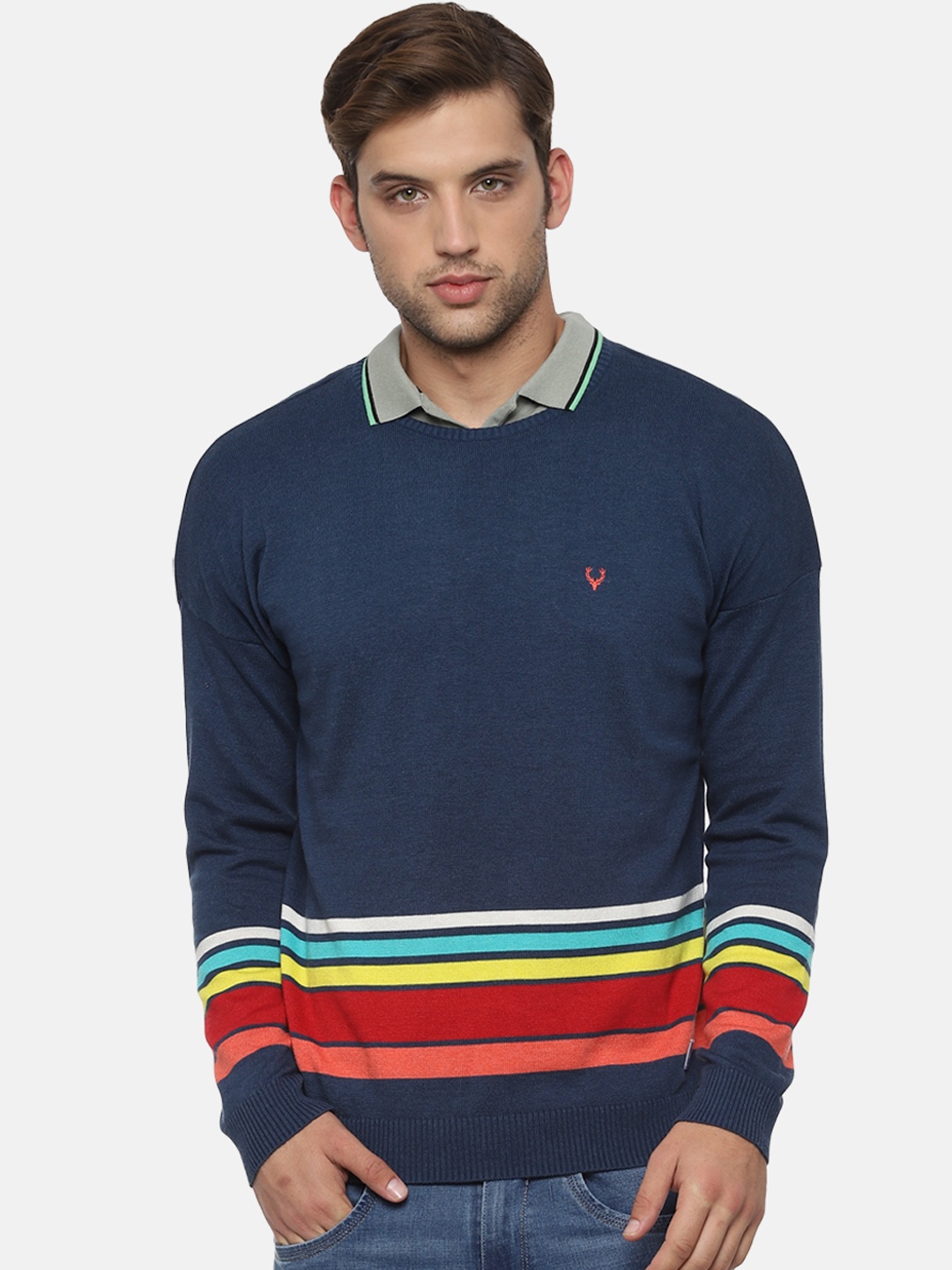 

Allen Solly Sport Men Navy Blue & Red Striped Sweater