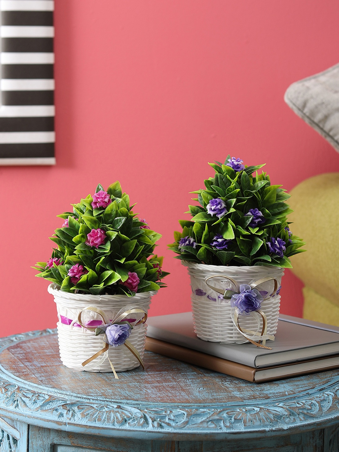 FOLIYAJ Set of 2 Multicoloured Artifical Plants With Pot, Multi