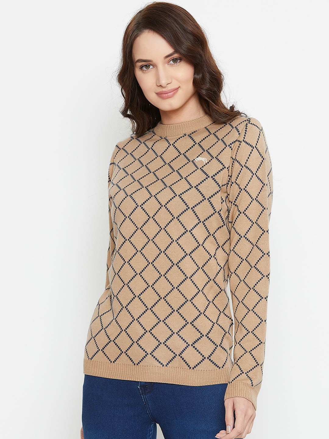 

JUMP USA Women Beige & Navy Blue Self Design Sweater