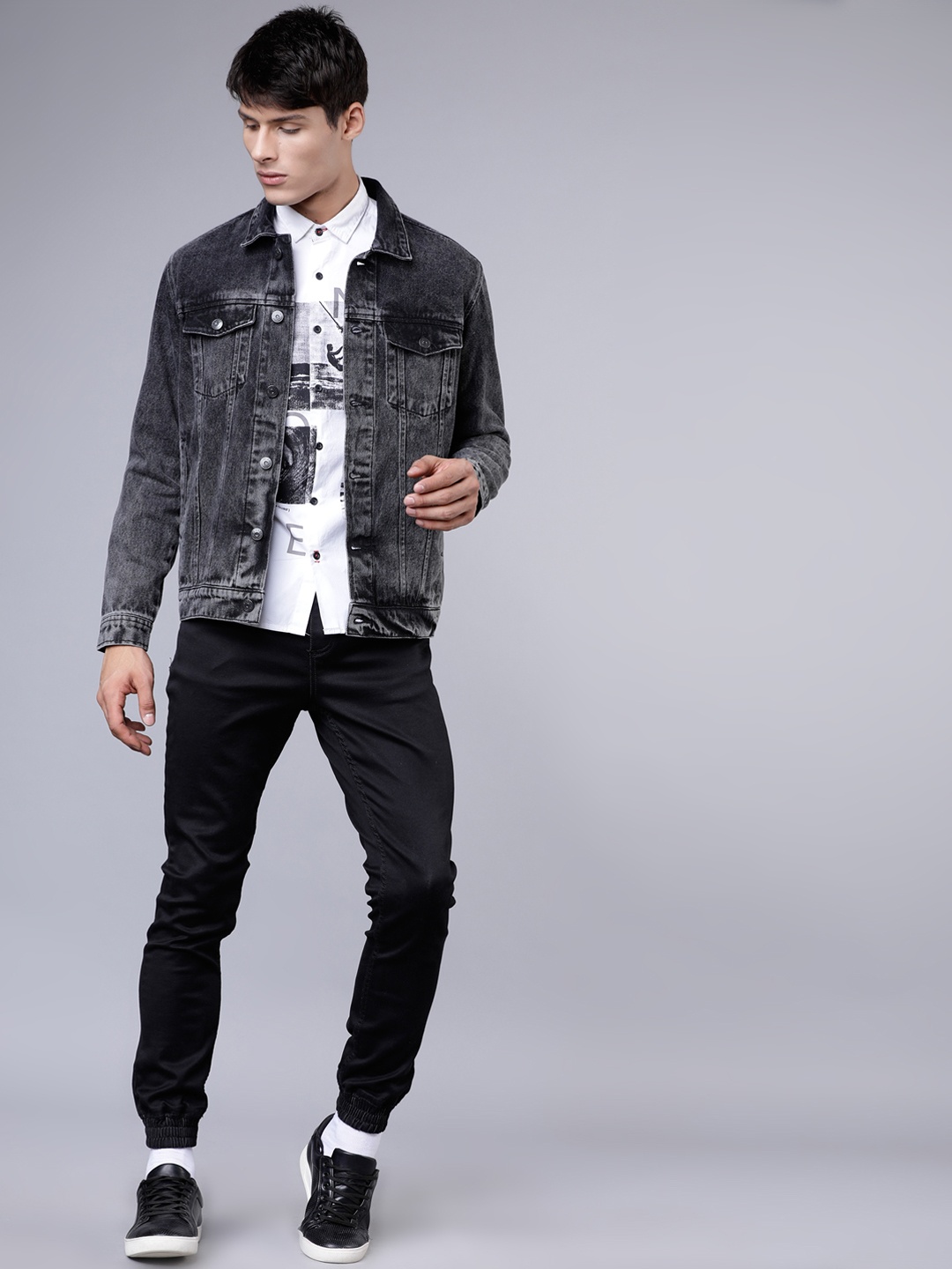 HIGHLANDER Men Grey Washed Denim Jacket