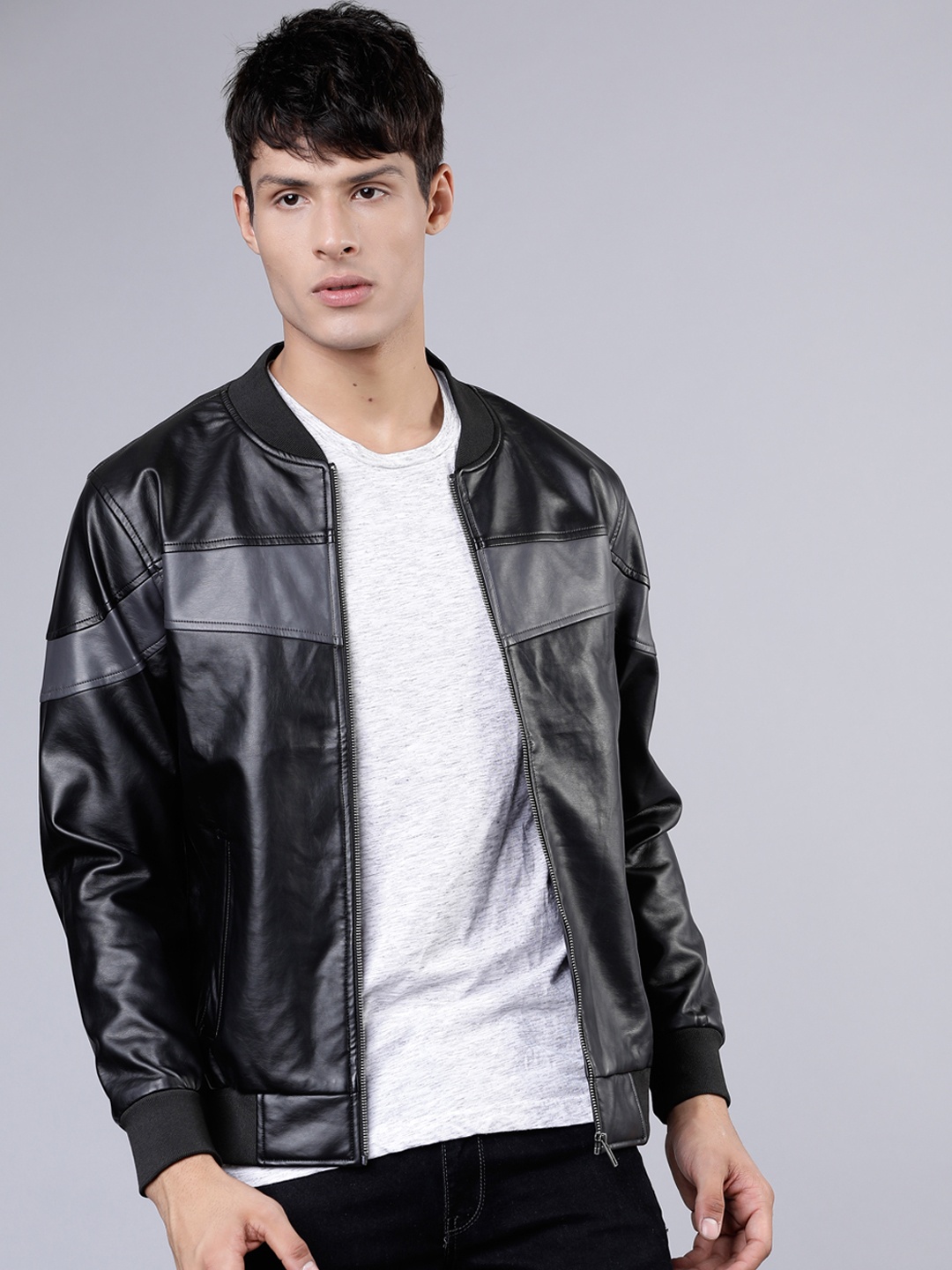 HIGHLANDER Men Black & Grey Colourblocked Bomber Jacket