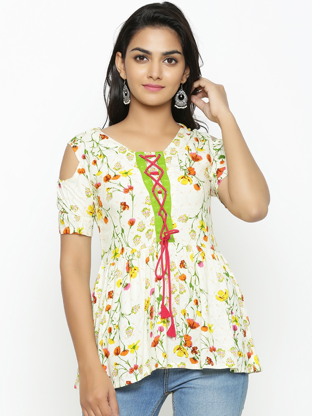 

YASH GALLERY Women Off-White Floral Print Peplum Top