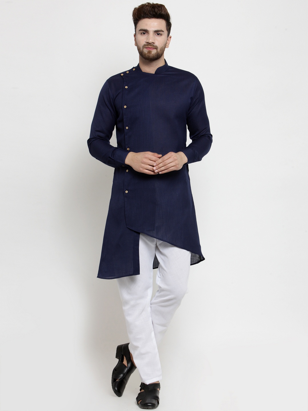 

TREEMODA Men Navy Blue Solid Linen Asymmetric A-Line Kurta