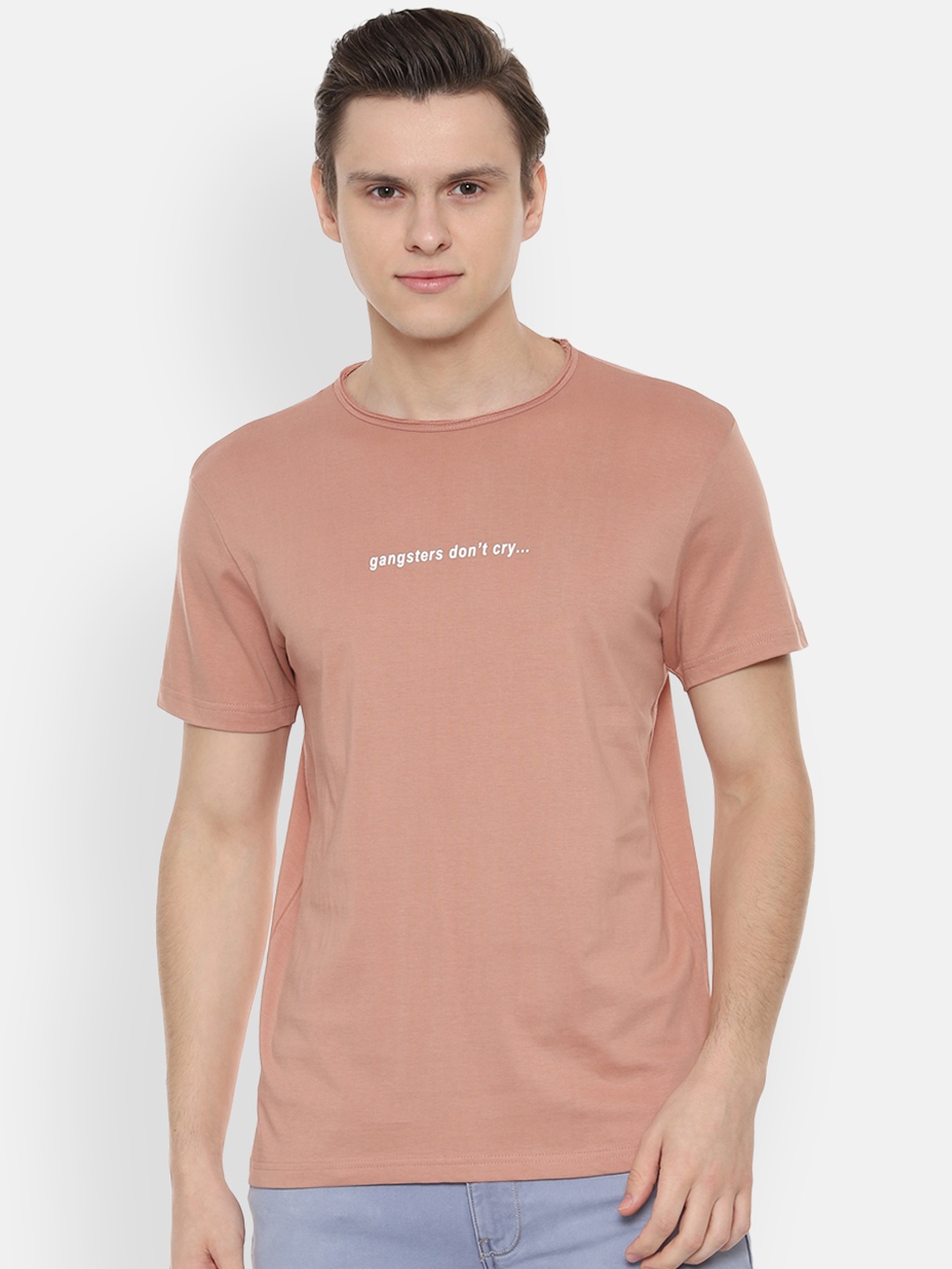 

People Men Peach-Coloured Solid Round Neck Pure Cotton T-shirt