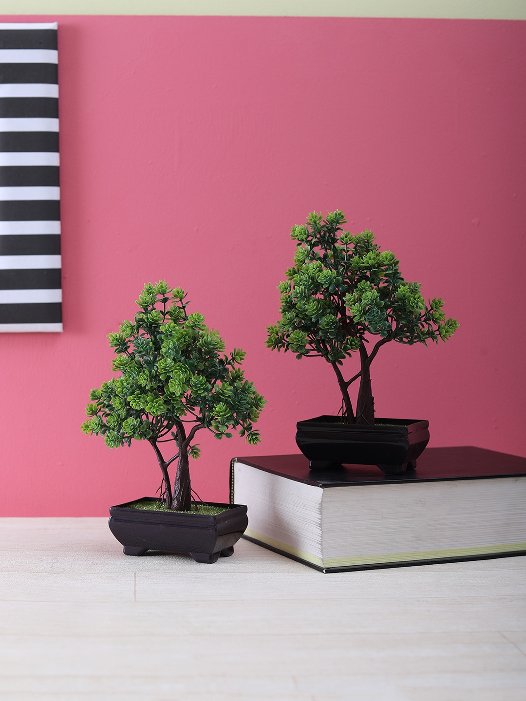 

FOLIYAJ Set of 2 Green Artifical 2-Trunk Bonsai Trees With Pot
