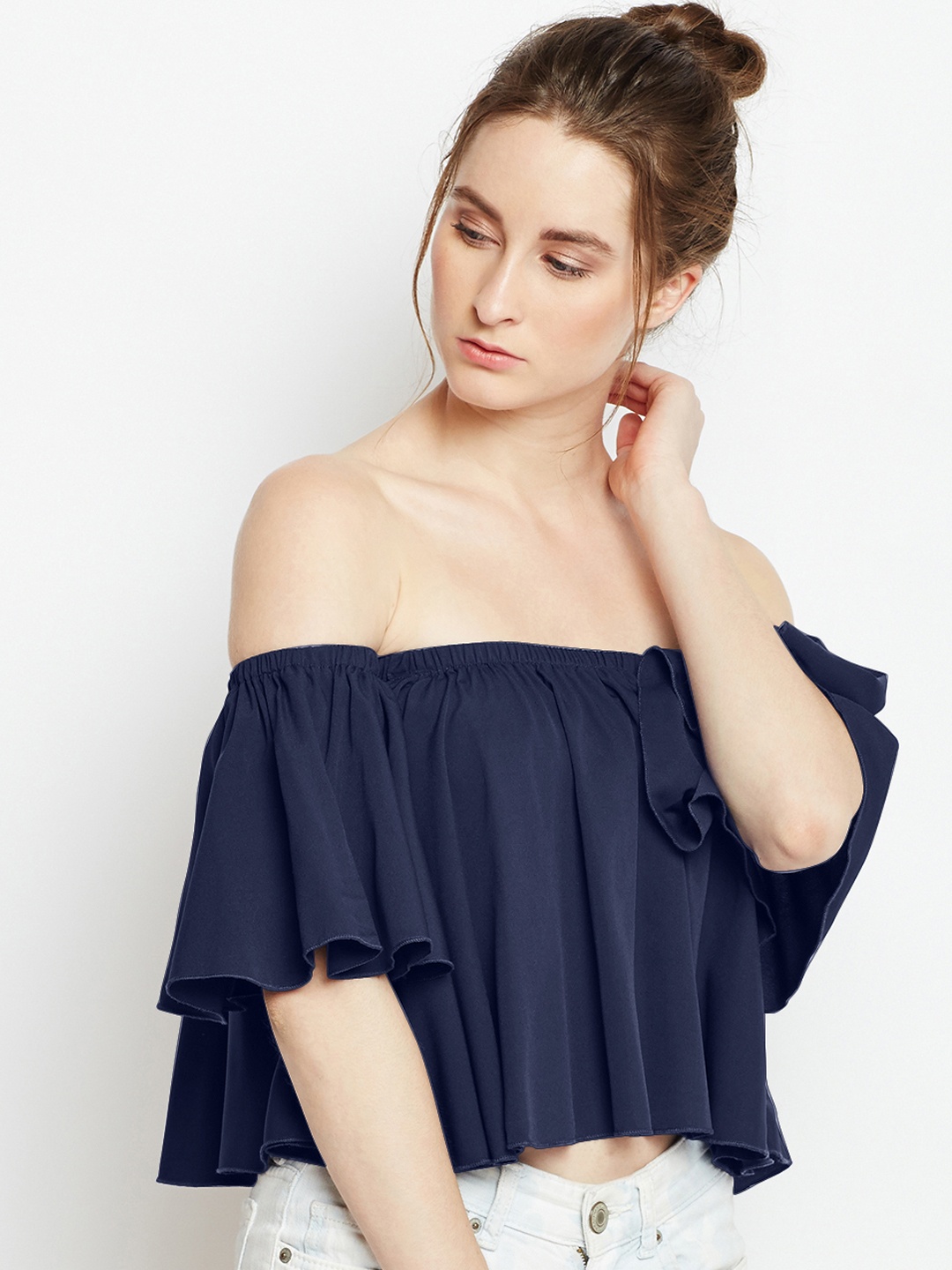 

Berrylush Women Navy Blue Solid Crop Bardot Top