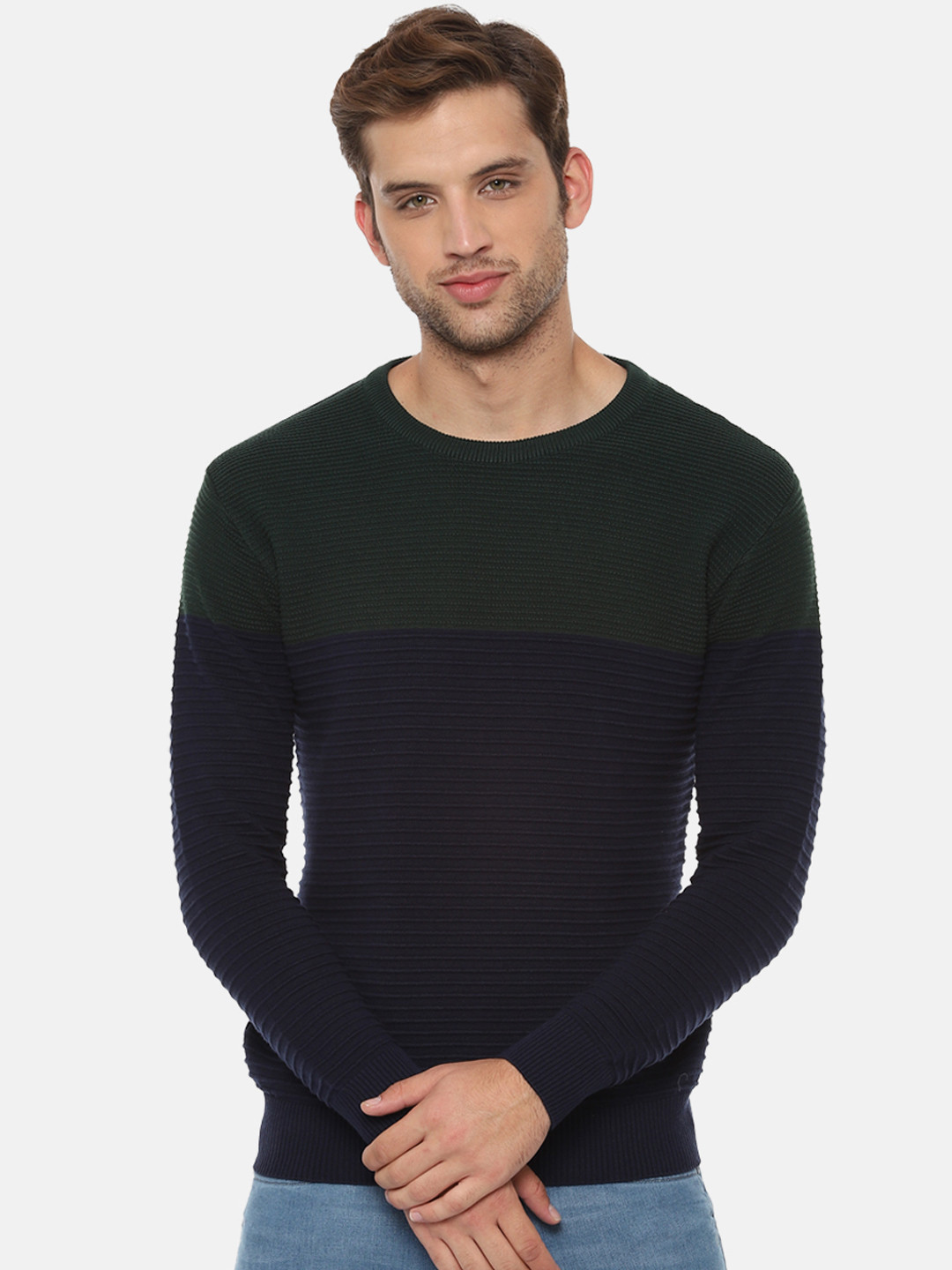 

People Men Navy Blue & Green Colourblocked Sweater