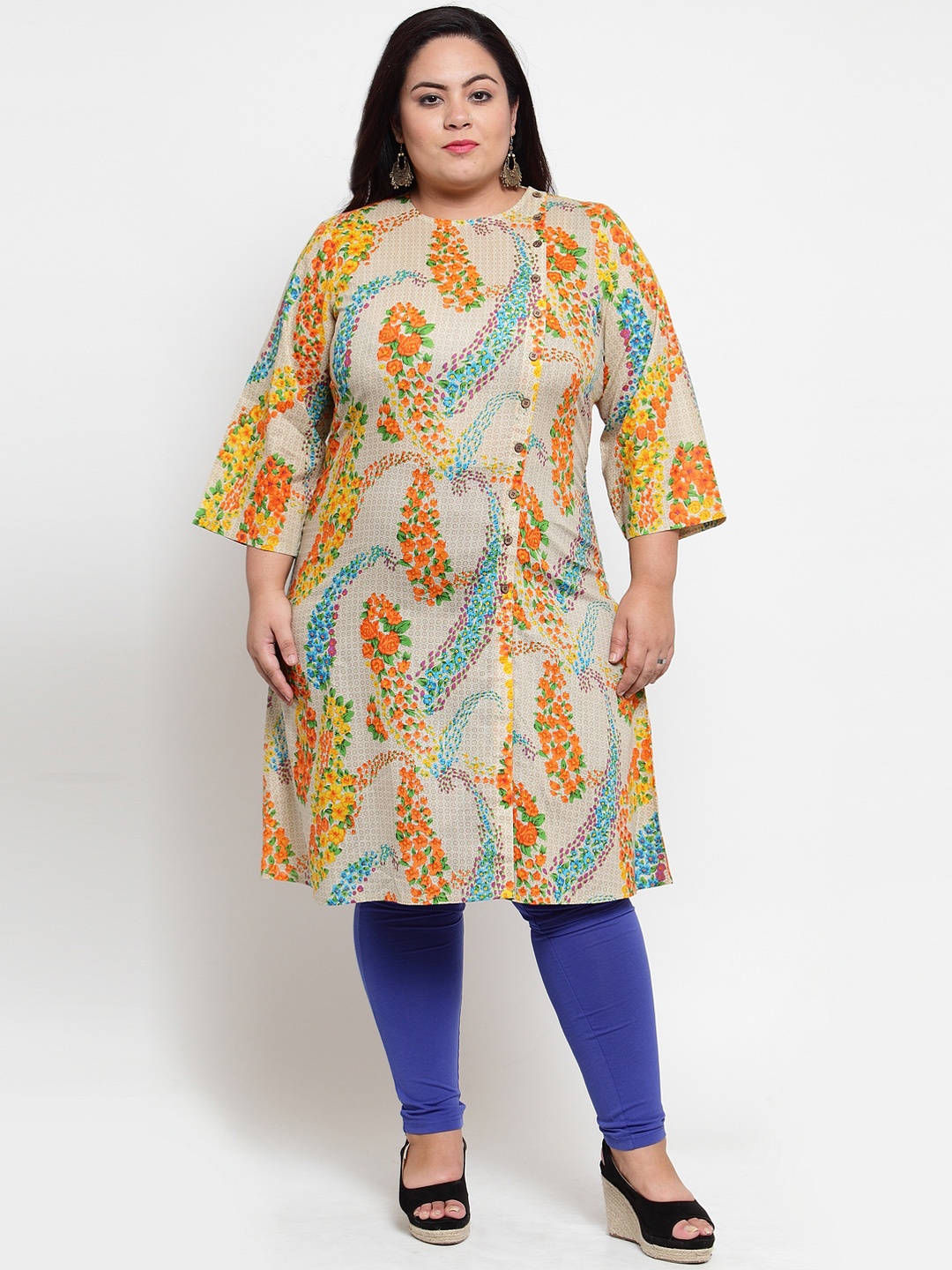 

plusS Women Beige & Blue Floral Printed Straight Kurta