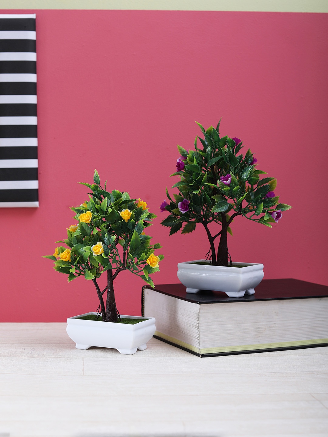 

FOLIYAJ Set of 2 Multicoloured Artifical 2-Trunk Bonsai Tree With Pot, Multi
