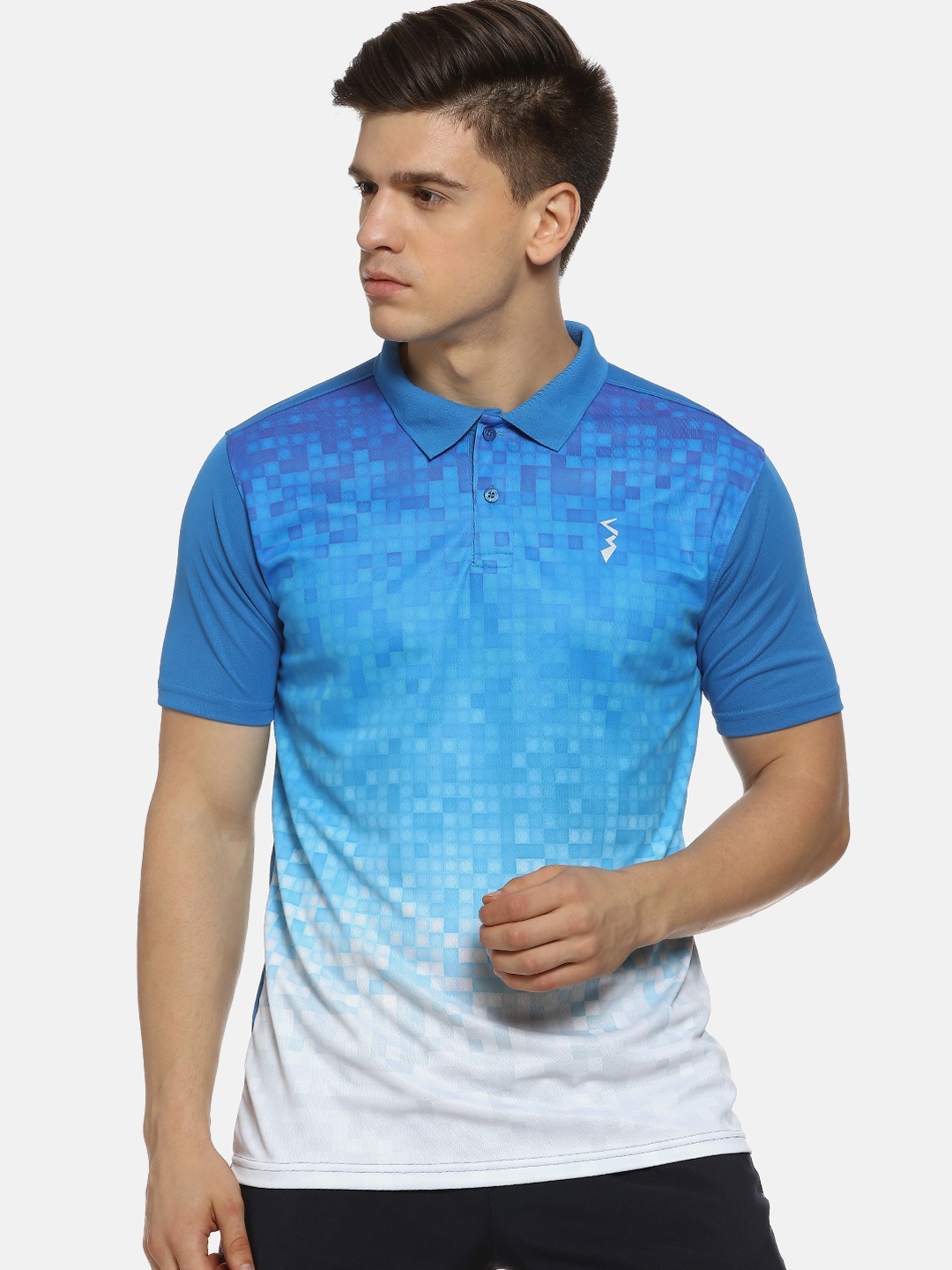 Campus Sutra Men Blue & White Checked Polo Collar T-shirt