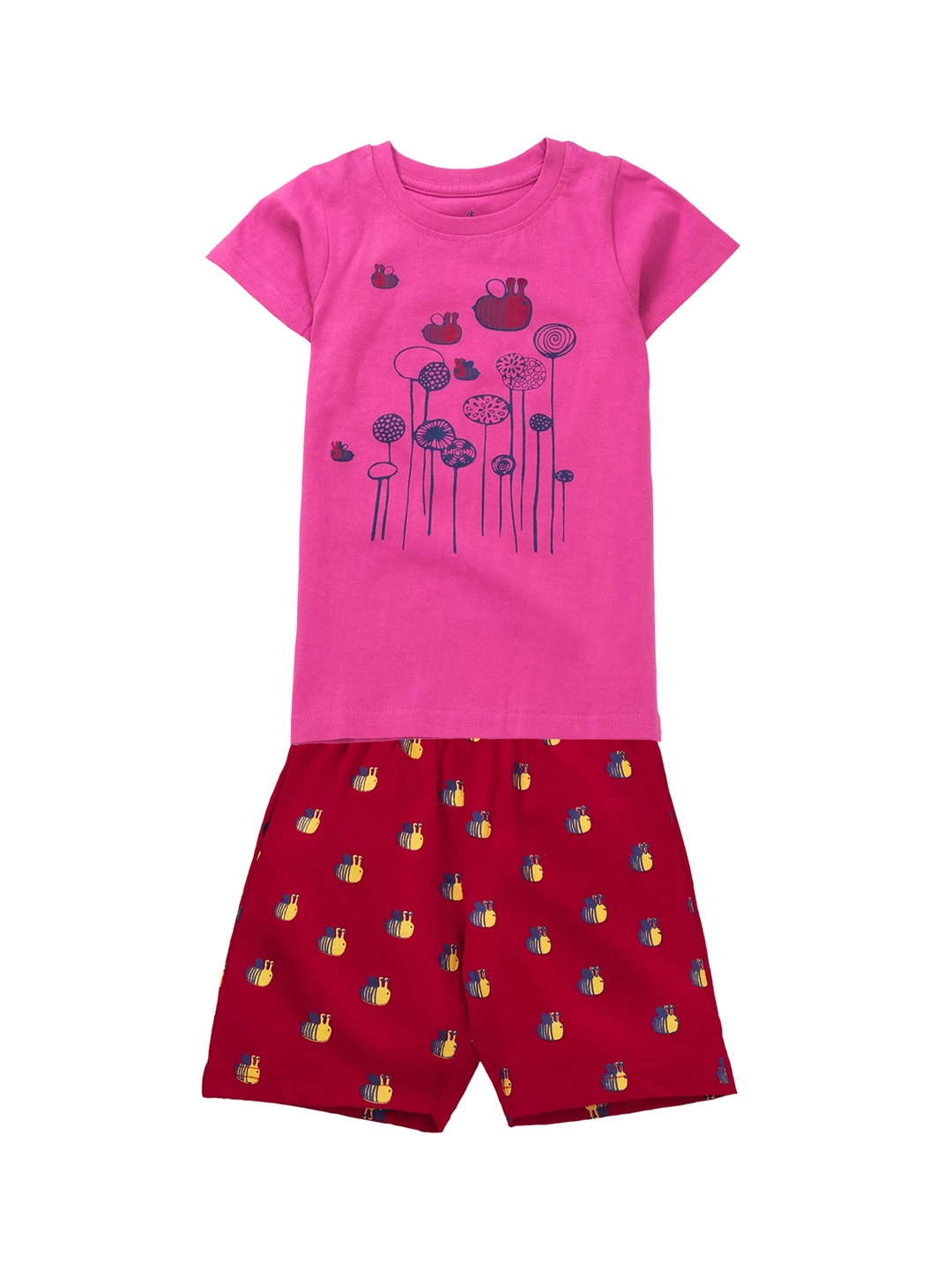 

KiddoPanti Girls Pink & Red Printed T-shirt with Shorts