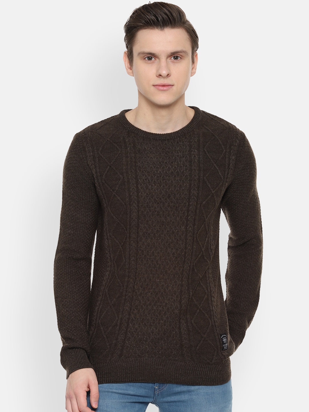

People Men Coffee Brown Cable Knit Self Design Sweater